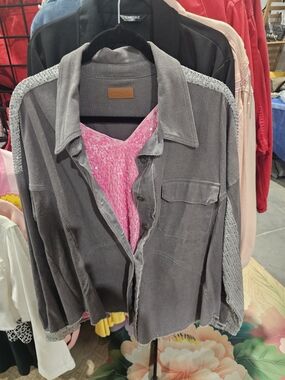 Umgee Gray Corduroy Jacket with Sequin-Trim Details